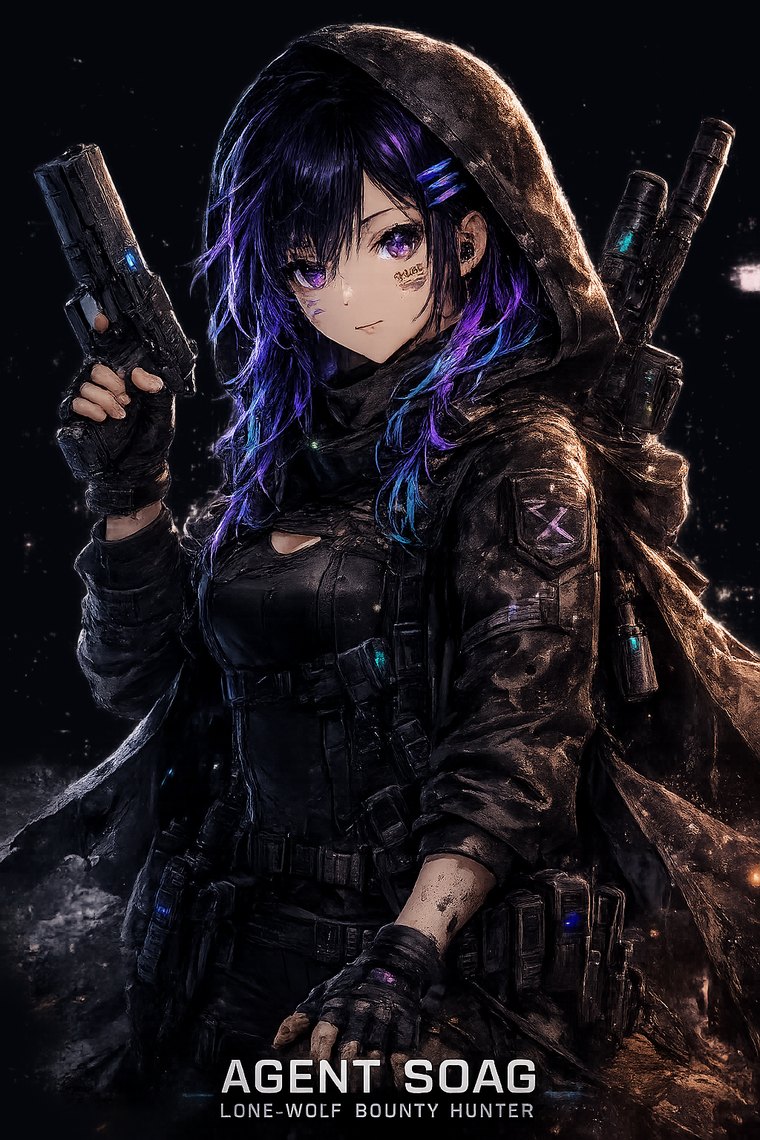 Agent SOAG — Lone-Wolf Bounty Hunter, hooded operator with sidearm and rifle